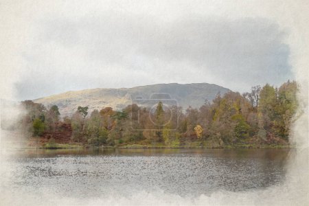 Photo for A digital watercolour painting of beautiful and moody morning fall light at Tarn Hows in the English Lake District with views of Yewdale Crag, and Holme Fell during autumn. - Royalty Free Image