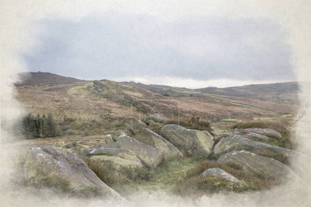 Foto de Pintura digital en acuarela de Gib Torr mirando hacia las cucarachas, las rocas Ramshaw y la nube de gallinas durante el invierno en Staffordshire, Peak District National Park, Reino Unido. - Imagen libre de derechos
