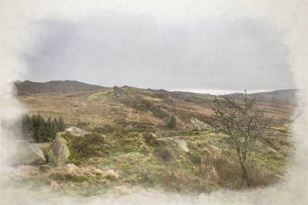 Digital watercolour painting of Gib Torr looking towards the Roaches, Ramshaw Rocks, and Hen Cloud during winter in the Staffordshire, Peak District National Park, UK.