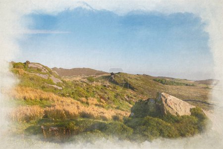 Foto de Una pintura digital en acuarela de Gib Torr mirando hacia las cucarachas, las rocas Ramshaw y la nube de gallina al atardecer en el Parque Nacional Peak District. - Imagen libre de derechos