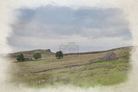 Foto de Pintura digital en acuarela de la vista desde Gib Torr, de Knowledge, Las cucarachas al atardecer en el Parque Nacional Peak District. - Imagen libre de derechos