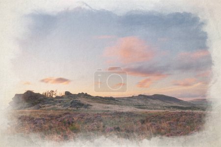 Foto de Un paisaje rural atmosférico acuarela digital pintura de puesta de sol en The Roaches en el Parque Nacional Peak District, Staffordshire, Reino Unido. - Imagen libre de derechos