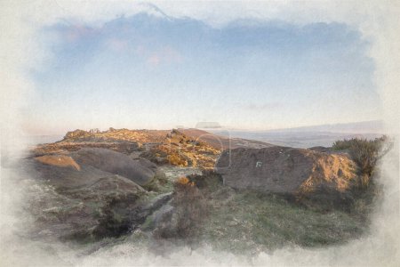 Foto de The Roaches, Staffordshire. Una acuarela digital pintura al amanecer de invierno en el Parque Nacional Peak District, Reino Unido. - Imagen libre de derechos