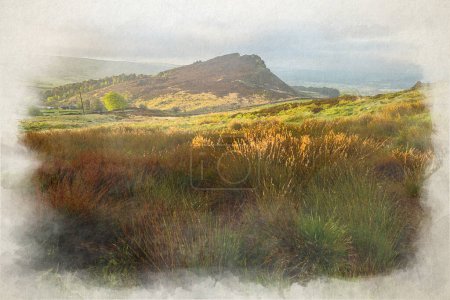 Foto de Paisaje de páramos del Reino Unido. Pintura digital en acuarela de Hen Cloud al amanecer en el Parque Nacional Peak District, Reino Unido. - Imagen libre de derechos