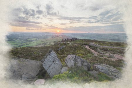 Foto de Un paisaje rural atmosférico acuarela digital pintura de puesta de sol en The Roaches, Staffordshire en el Parque Nacional Peak District, Reino Unido. - Imagen libre de derechos