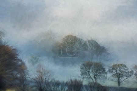 Foto de Árboles, y la pintura al óleo digital niebla de una viñeta de paisaje Bamford Edge durante una inversión de temperatura de salida del sol de invierno en el Parque Nacional Peak District, Inglaterra, Reino Unido. - Imagen libre de derechos
