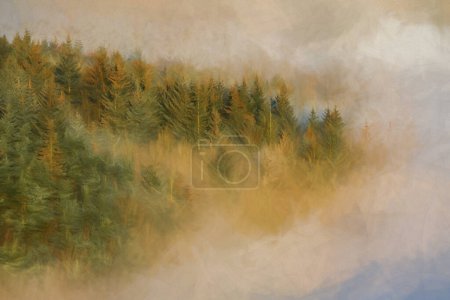 Foto de Árboles, y la pintura al óleo digital niebla de una viñeta de paisaje Bamford Edge durante una inversión de temperatura de salida del sol de invierno en el Parque Nacional Peak District, Inglaterra, Reino Unido. - Imagen libre de derechos