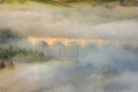 Foto de Bamford Edge. Ladybower y Hope Valley. Pintura digital al óleo de una inversión invernal de la temperatura del amanecer en el Parque Nacional Peak District, Inglaterra, Reino Unido. - Imagen libre de derechos