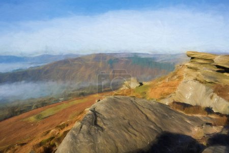 Foto de Pintura digital al óleo de una vista del amanecer de invierno Bamford Edge de Win Hill en el Parque Nacional Peak District, Inglaterra, Reino Unido - Imagen libre de derechos