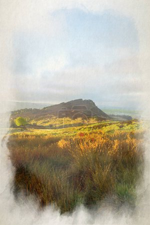 Foto de Paisaje de páramos del Reino Unido. Pintura digital en acuarela de Hen Cloud al amanecer en el Parque Nacional Peak District, Reino Unido. - Imagen libre de derechos
