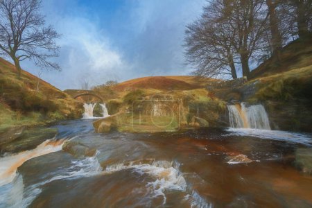 Digital oil painting of a rural landscape scene. Three Shire Heads in the Peak District National Park, England, UK.