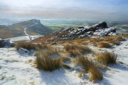 Foto de Una pintura al óleo digital de un paisaje rural de invierno en The Roaches en el Parque Nacional Peak District, Staffordshire, Inglaterra, Reino Unido. - Imagen libre de derechos