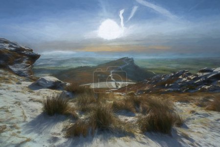 A digital oil painting of a winter rural landscape at The Roaches in the Peak District National Park, Staffordshire, England, UK.