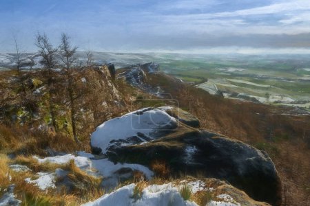A digital oil painting of a winter rural landscape at The Roaches in the Peak District National Park, Staffordshire, England, UK.