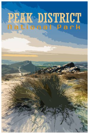 The Roaches, Staffordshire nostalgic retro winter travel poster concept of the Peak District National Park, England, UK in the style of Work Projects Administration.