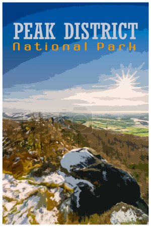 The Roaches, Staffordshire nostálgico concepto de póster de viaje de invierno retro del Peak District National Park, Inglaterra, Reino Unido en el estilo de Administración de Proyectos de Trabajo.