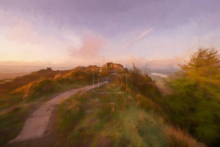 Foto de Pintura digital al óleo de un amanecer de hora dorada en The Roaches en el Parque Nacional Staffordshire Peak District, Inglaterra, Reino Unido. - Imagen libre de derechos