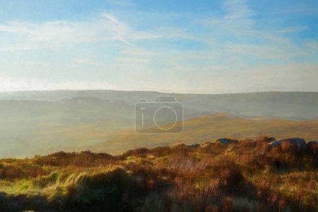Digital oil painting of Ramshaw Rocks sunrise in the Staffordshire Peak District National Park, England, UK.