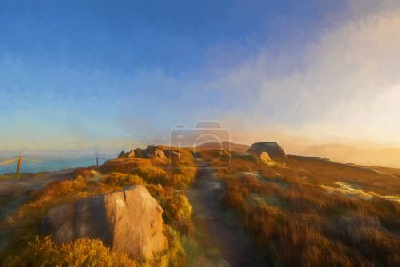 Peinture à l'huile numérique d'une heure d'or lever du soleil à The Roaches dans le Staffordshire Peak District National Park, Angleterre, Royaume-Uni.