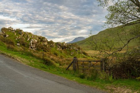 Una vista a distancia de la montaña Moel Hebog en el Parque Nacional Eryri, Gales, Reino Unido desde Llyn Dywarchen.