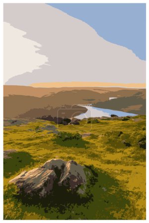 Ilustración de Nostálgico póster de viaje retro del Parque Nacional Peak District, Inglaterra, Reino Unido al estilo de Work Projects Administration. - Imagen libre de derechos