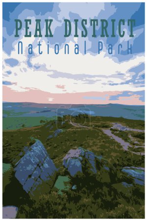 Ilustración de Nostálgico póster de viaje retro del Parque Nacional Peak District, Inglaterra, Reino Unido al estilo de Work Projects Administration. - Imagen libre de derechos