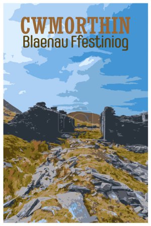 Illustration for Nostalgic retro travel poster of the Cwmorthin Terrace and Rhosydd Slate Quarry, Blaenau Ffestiniog, Wales, UK in the style of Work Projects Administration. - Royalty Free Image