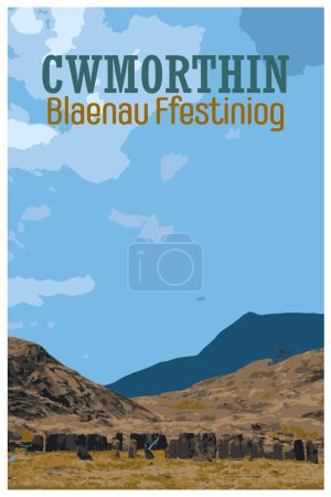Ilustración de Nostálgico póster de viaje retro de Cwmorthin Terrace y Rhosydd Slate Quarry, Blaenau Ffestiniog, Gales, Reino Unido al estilo de Work Projects Administration. - Imagen libre de derechos