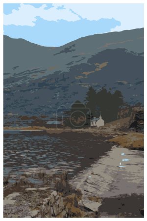 Ilustración de Nostálgico póster de viaje retro de Cwmorthin Terrace y Rhosydd Slate Quarry, Blaenau Ffestiniog, Gales, Reino Unido al estilo de Work Projects Administration. - Imagen libre de derechos
