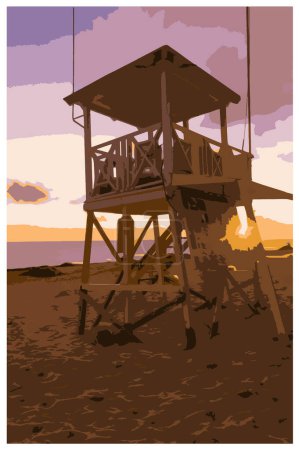 Ilustración de Nostálgico póster de viaje retro de un amanecer de playa genérico al estilo de Work Projects Administration. - Imagen libre de derechos