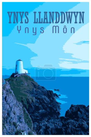 Ilustración de Nostálgico cartel de viaje retro del faro de Llanddwyn, Anglesey, Gales al estilo de Work Projects Administration. - Imagen libre de derechos