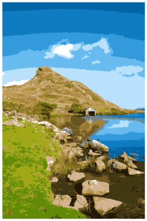Ilustración de Cartel nostálgico de viaje retro. Montaña Pared y Cefn-hir, y lago Cregennan durante el otoño en el Parque Nacional Snowdonia, Dolgellau, Gales, Reino Unido. - Imagen libre de derechos