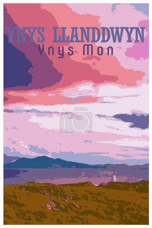 Illustration for Nostalgic retro travel poster of the Llanddwyn lighthouse, Anglesey, Wales in the style of Work Projects Administration. - Royalty Free Image