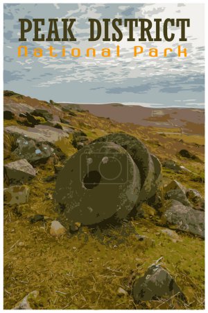 Illustration for Stanage Edge millstones, Derbyshire nostalgic retro travel poster concept of the Peak District National Park, England, UK in the style of Work Projects Administration. - Royalty Free Image