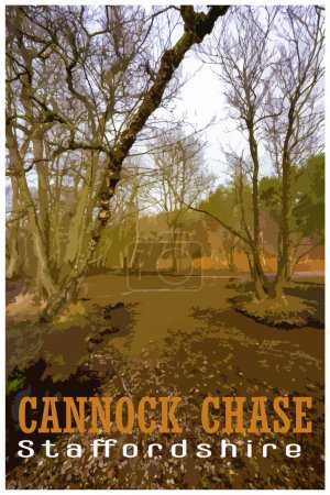 Ilustración de Nostálgico póster de viaje retro de Cannock Chase, Staffordshire, Inglaterra, Reino Unido al estilo de Work Projects Administration. - Imagen libre de derechos