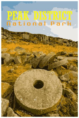 Stanage Edge millstones, Derbyshire nostalgic retro travel poster concept of the Peak District National Park, England, UK in the style of Work Projects Administration.