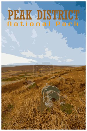 Ilustración de Stanage Edge millstones, Derbyshire nostalgia retro travel poster concept of the Peak District National Park, England, UK in the style of Work Projects Administration. - Imagen libre de derechos
