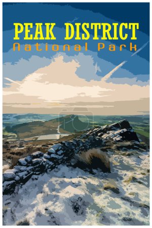 Illustration for The Roaches, Staffordshire nostalgic retro winter travel poster concept of the Peak District National Park, England, UK in the style of Work Projects Administration. - Royalty Free Image