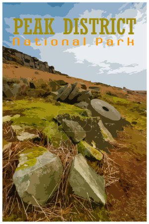 Stanage Edge millstones, Derbyshire nostalgic retro travel poster concept of the Peak District National Park, England, UK in the style of Work Projects Administration.