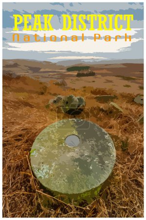 Stanage Edge millstones, Derbyshire nostalgia retro travel poster concept of the Peak District National Park, England, UK in the style of Work Projects Administration.