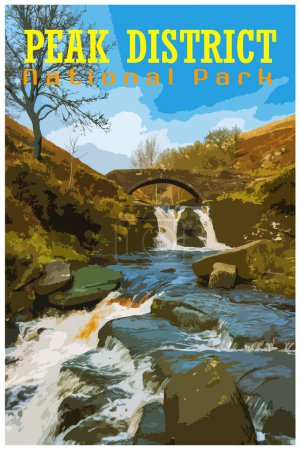 Three Shire Heads nostálgico concepto de cartel de viaje retro del Parque Nacional Peak District, Inglaterra, Reino Unido en el estilo de Administración de Proyectos de Trabajo.