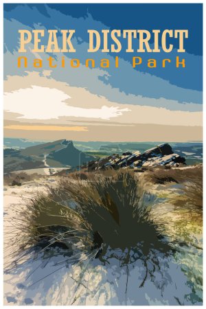 The Roaches, Staffordshire concept d'affiche de voyage d'hiver rétro nostalgique du parc national Peak District, Angleterre, Royaume-Uni dans le style de Work Projects Administration.