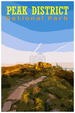WPA inspired retro travel poster of a Peak District National Park golden hour sunrise at The Roaches.