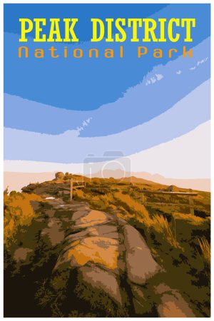 WPA inspired retro travel poster of a Peak District National Park golden hour sunrise at The Roaches.
