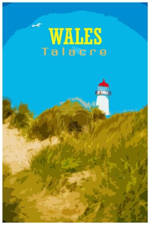 WPA inspired retro travel poster of the sand dunes, and the grade II listed building Point of Ayr Lighthouse at Talacre beach in Wales on a sunny summer day.