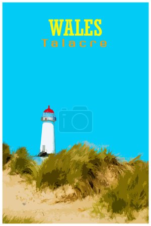 WPA inspired retro travel poster of the sand dunes, and the grade II listed building Point of Ayr Lighthouse at Talacre beach in Wales on a sunny summer day.