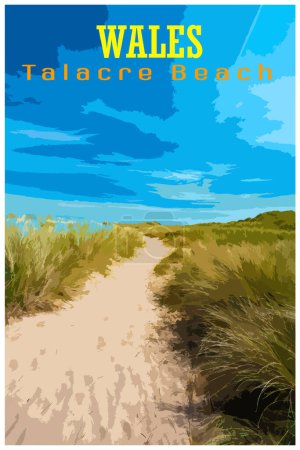WPA inspired retro travel poster of the sand dunes and beach at Talacre a popular tourist destination in North Wales on a bright sunny summer day.