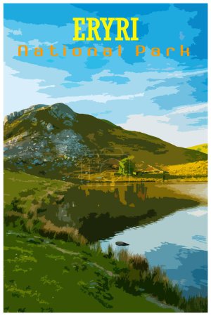 Ilustración de WPA inspired retro travel poster of sunset on Clogwyngarreg from Llyn Dywarchen in the Eryri National Park, Wales. - Imagen libre de derechos