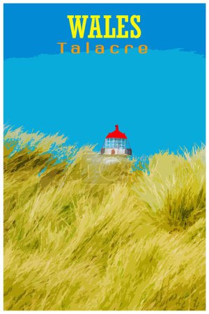 WPA inspired retro travel poster of a the sand dunes, and the grade II listed building Point of Ayr Lighthouse at Talacre beach in Wales on a sunny summer day.