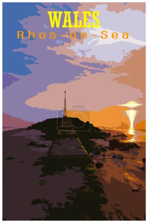 WPA inspired retro travel poster of a sunrise long exposure of sea groynes at the costal seaside resort of Rhos-on-Sea.